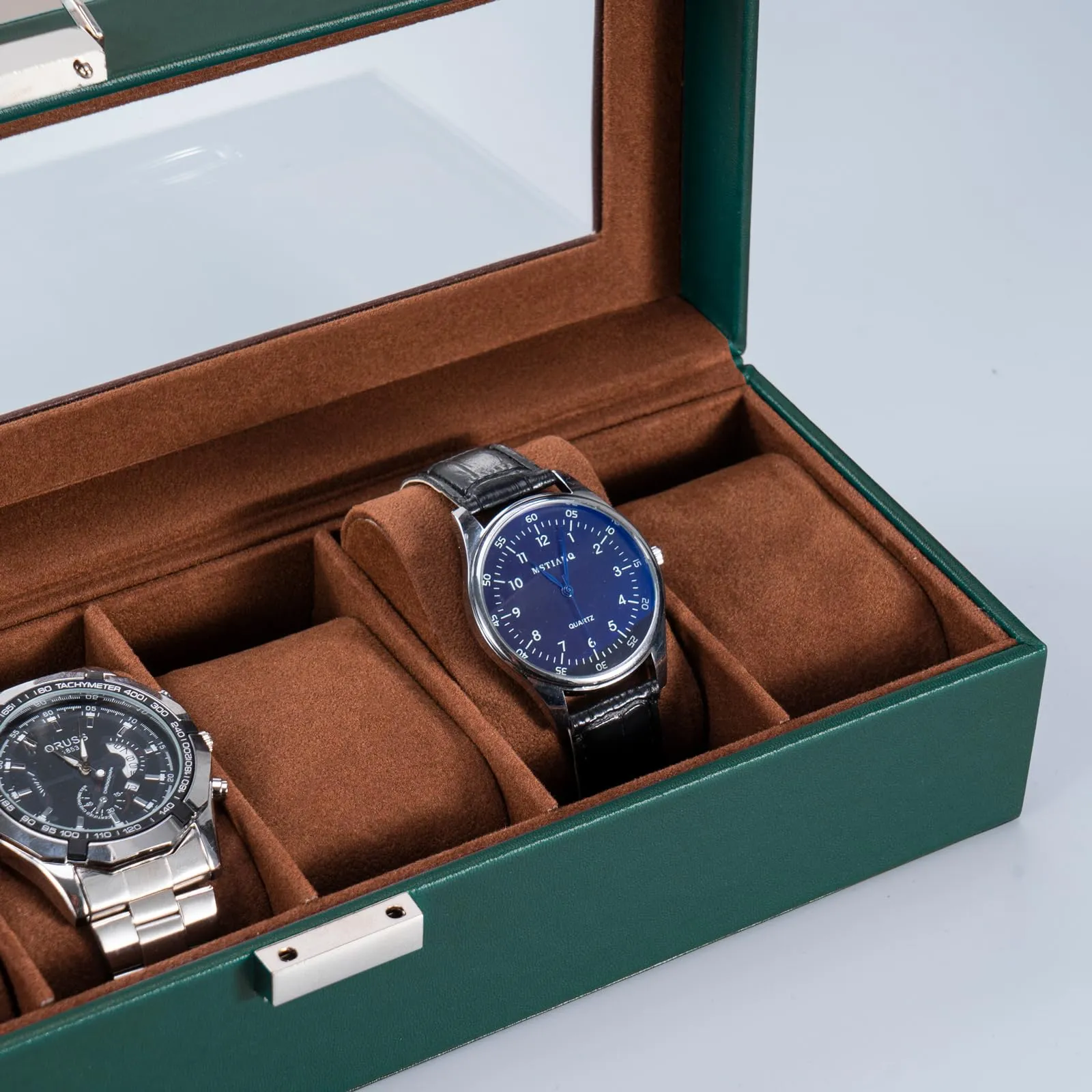 Watch box with 6 compartments, watch box with glass lid, watch case with watch cushion, watch storage