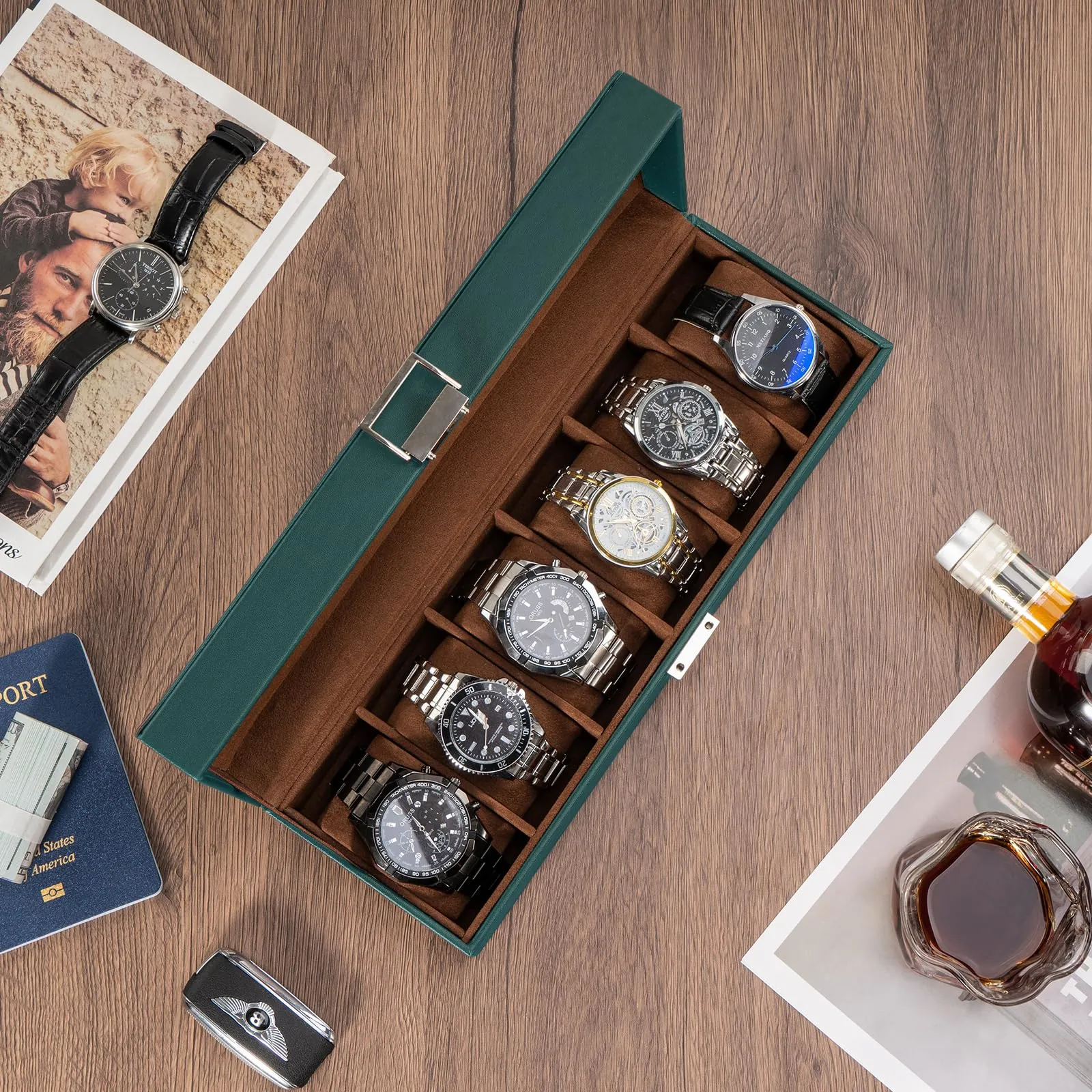 Watch box with 6 compartments, watch box with glass lid, watch case with watch cushion, watch storage