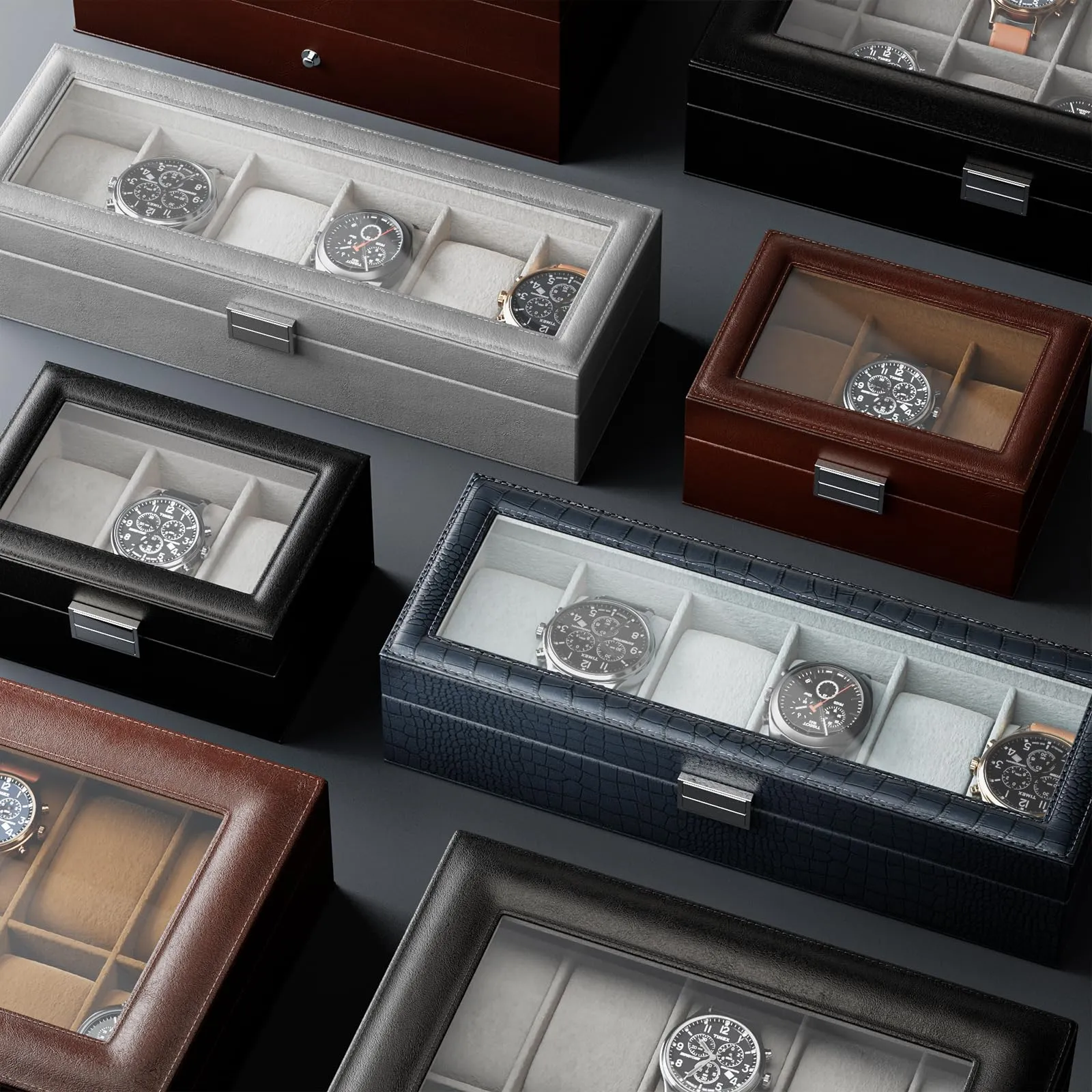 Watch box with 6 compartments, watch box with glass lid, watch case with watch cushion, watch storage
