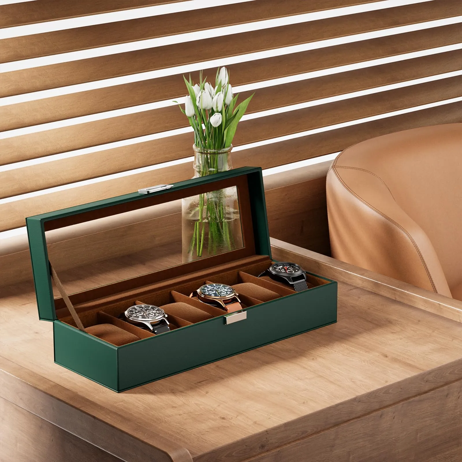 Watch box with 6 compartments, watch box with glass lid, watch case with watch cushion, watch storage