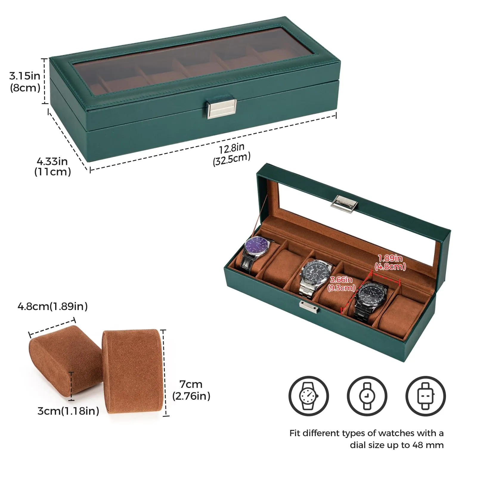 Watch box with 6 compartments, watch box with glass lid, watch case with watch cushion, watch storage