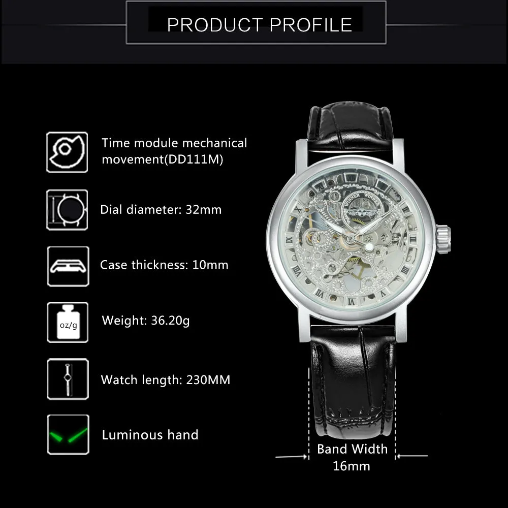 WINNER Classic Elegant Skeleton Hand Wind Mechanical Watch for Women Leather Strap Luminous Hands