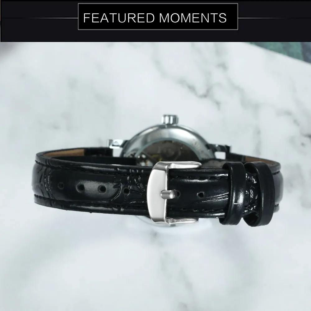 WINNER Classic Elegant Skeleton Hand Wind Mechanical Watch for Women Leather Strap Luminous Hands