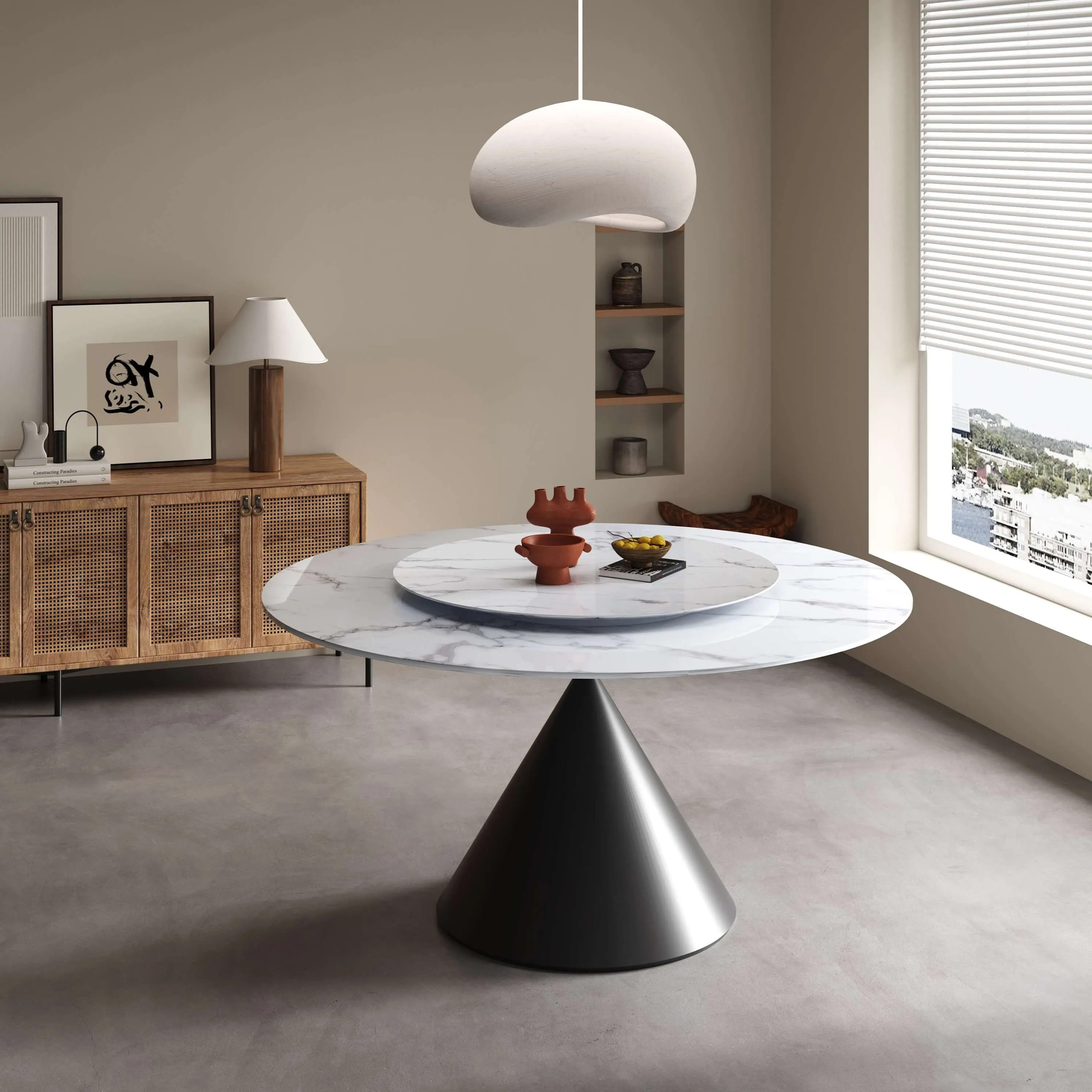 Wynot Ceramic/Marble Round Dining Table/Lazy Susan/ Black Steel Base
