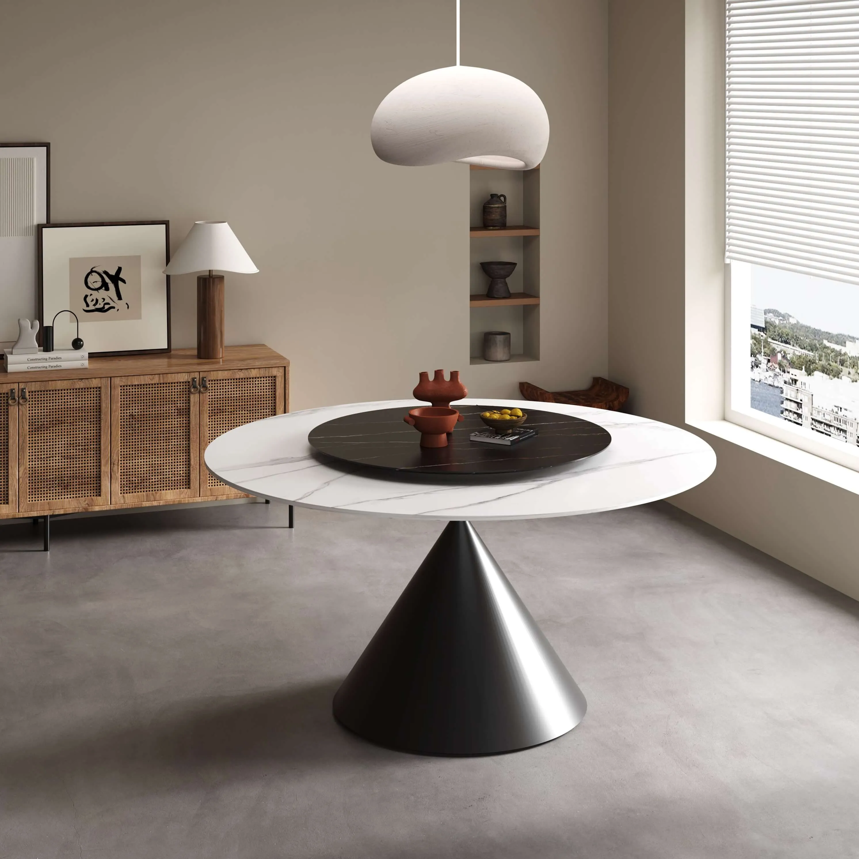Wynot Ceramic/Marble Round Dining Table/Lazy Susan/ Black Steel Base