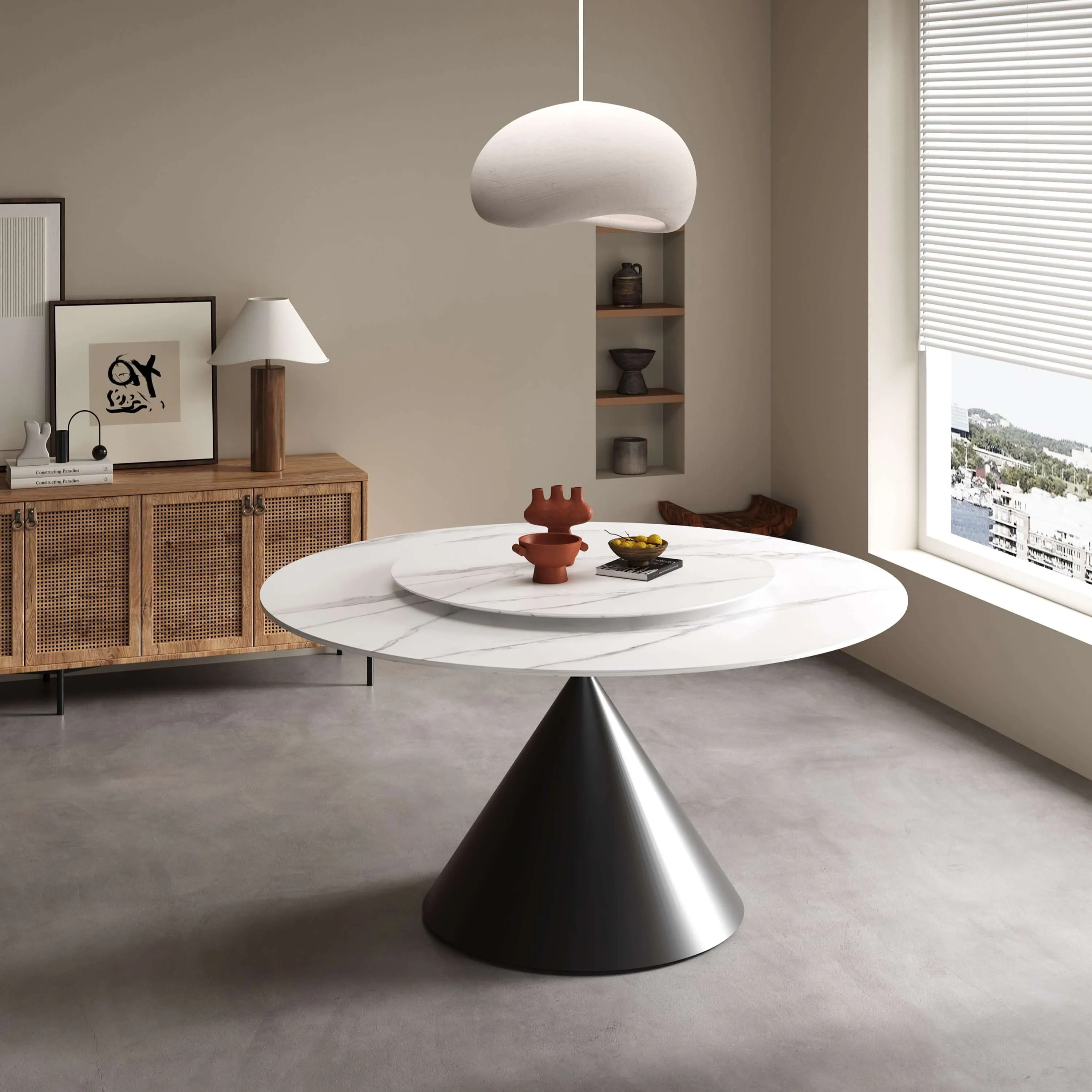 Wynot Ceramic/Marble Round Dining Table/Lazy Susan/ Black Steel Base