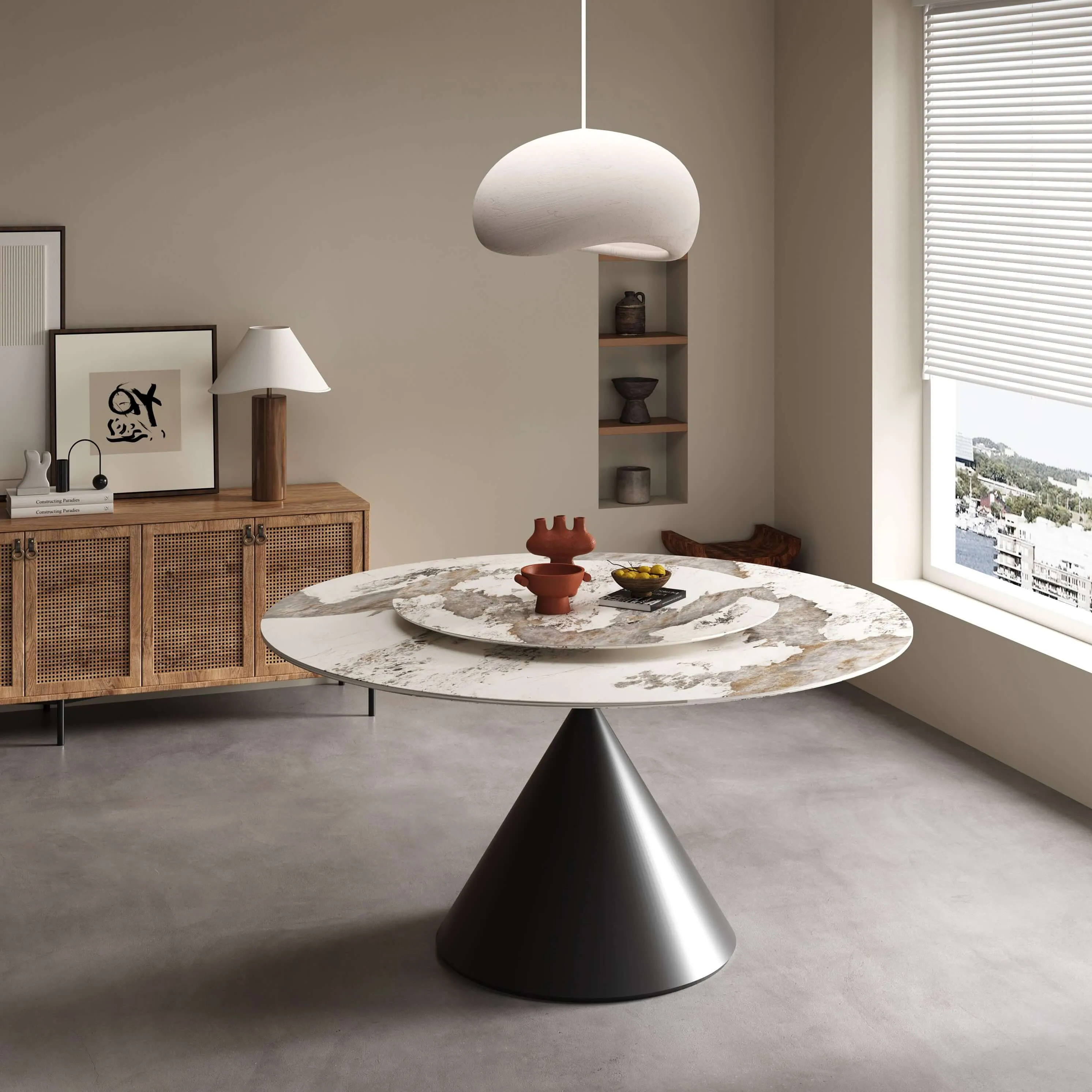 Wynot Ceramic/Marble Round Dining Table/Lazy Susan/ Black Steel Base