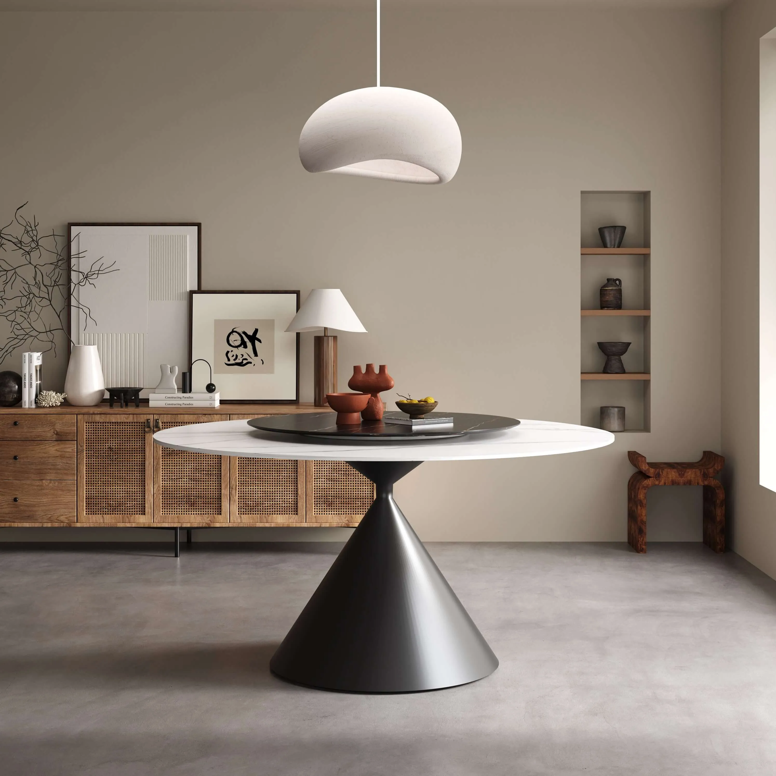Wynot Ceramic/Marble Round Dining Table/Lazy Susan/ Black Steel Base