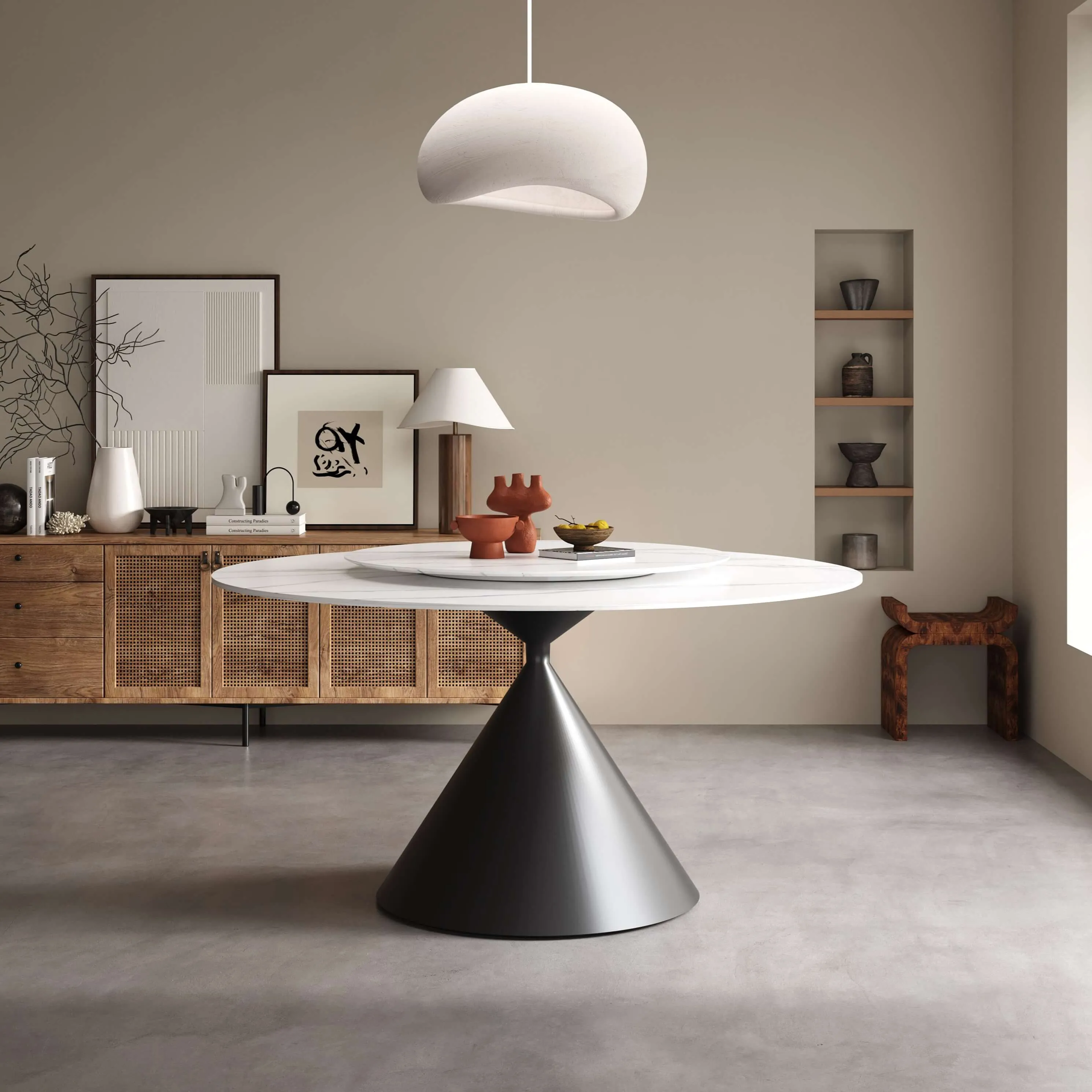 Wynot Ceramic/Marble Round Dining Table/Lazy Susan/ Black Steel Base