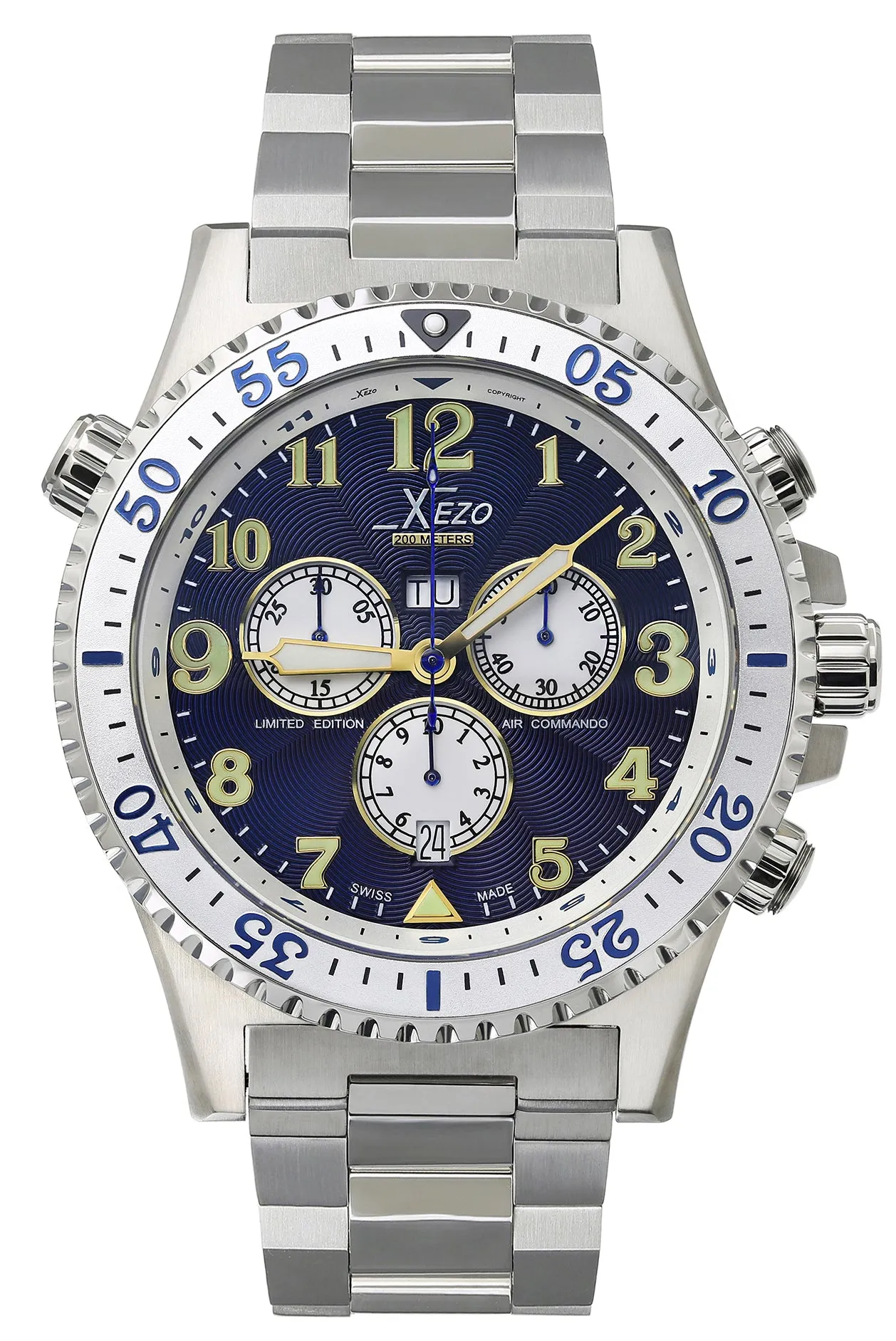 Xezo Air Commando 200-Meter Water Resistant Swiss-Made Chronograph Men's Watch With Second Time Zone (Air Commando D45-BUR)