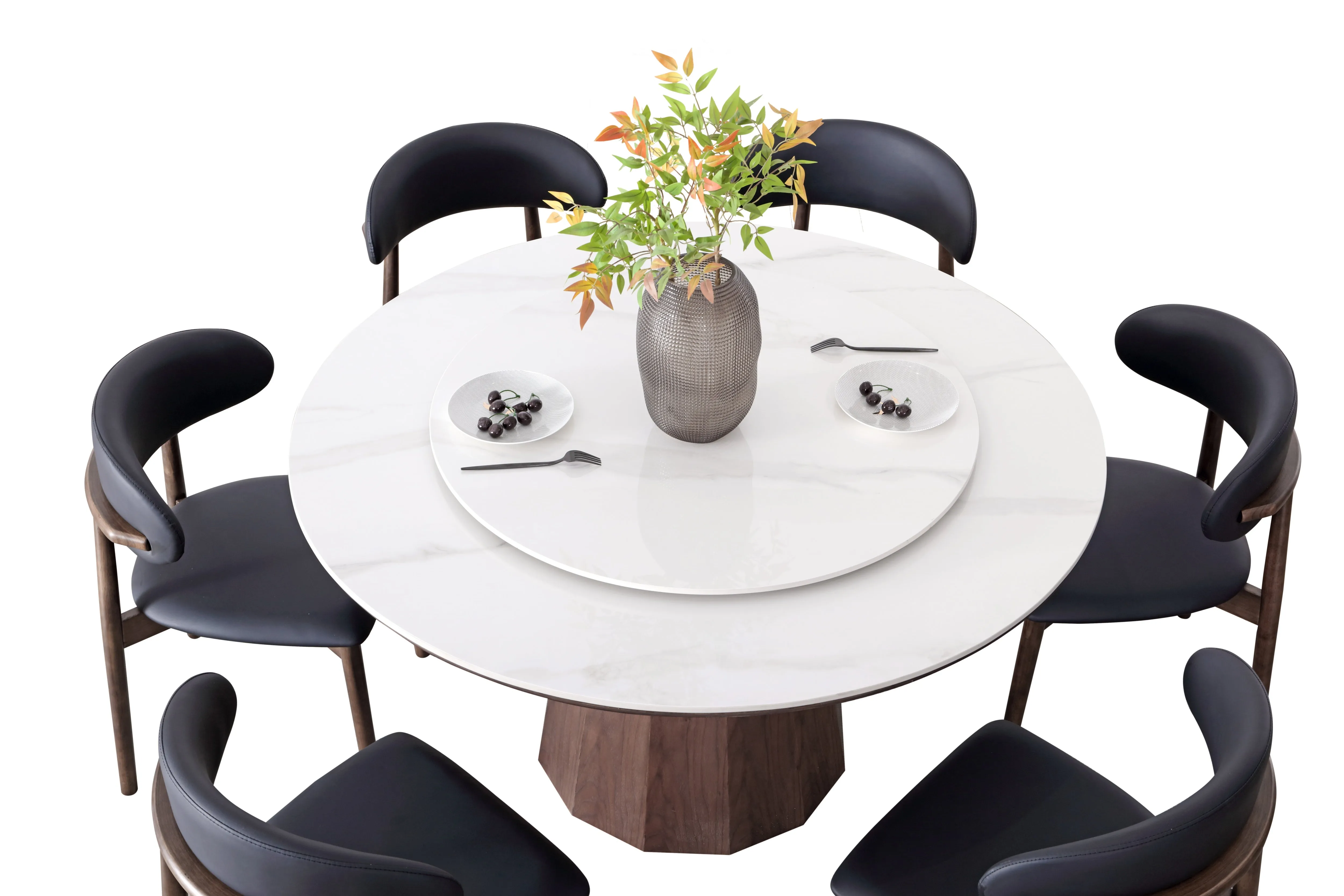 Yezo Ceramic Round Dining Table/Lazy Susan/Solid Timber Base/Glossy Fish-belly White Top