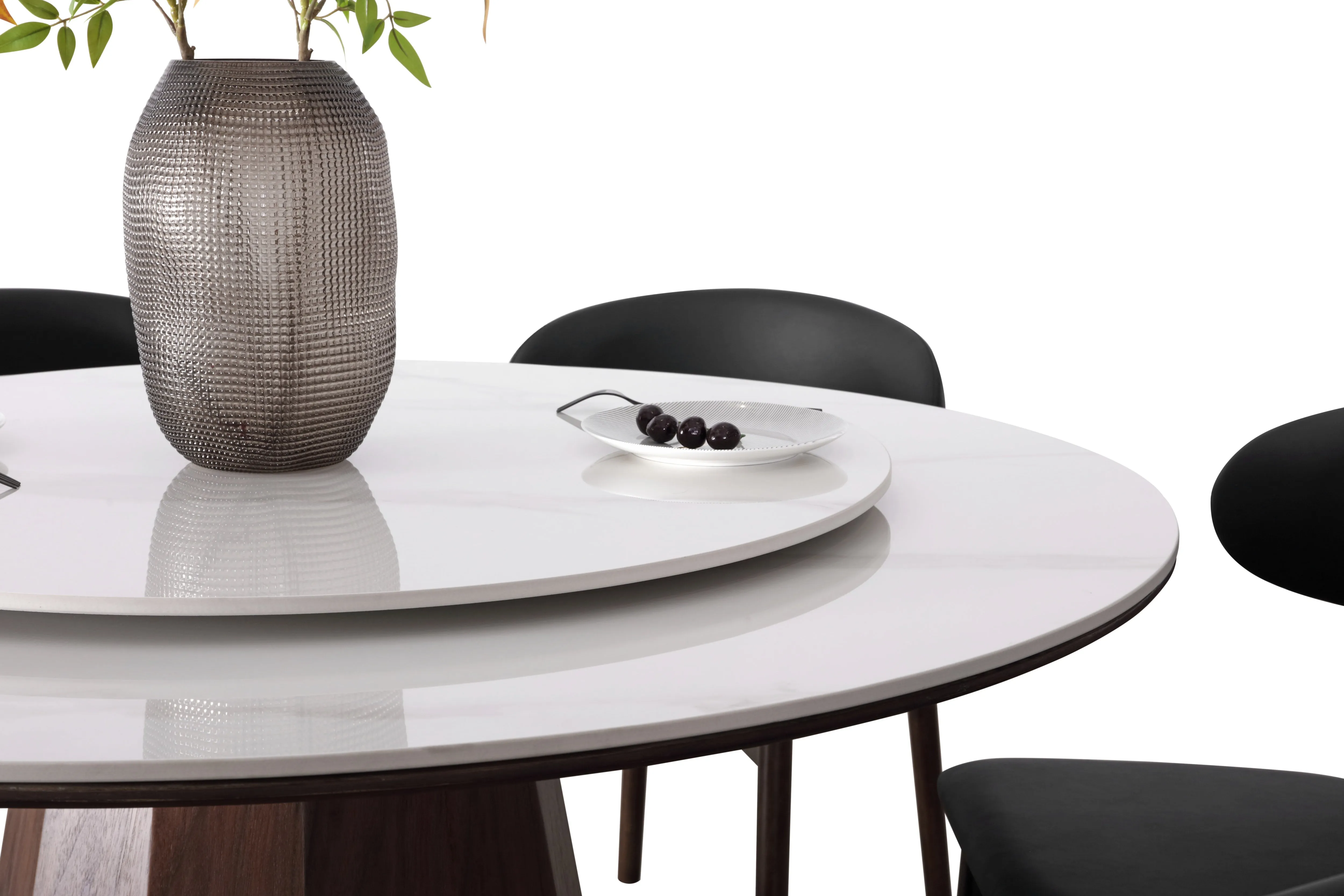 Yezo Ceramic Round Dining Table/Lazy Susan/Solid Timber Base/Glossy Fish-belly White Top