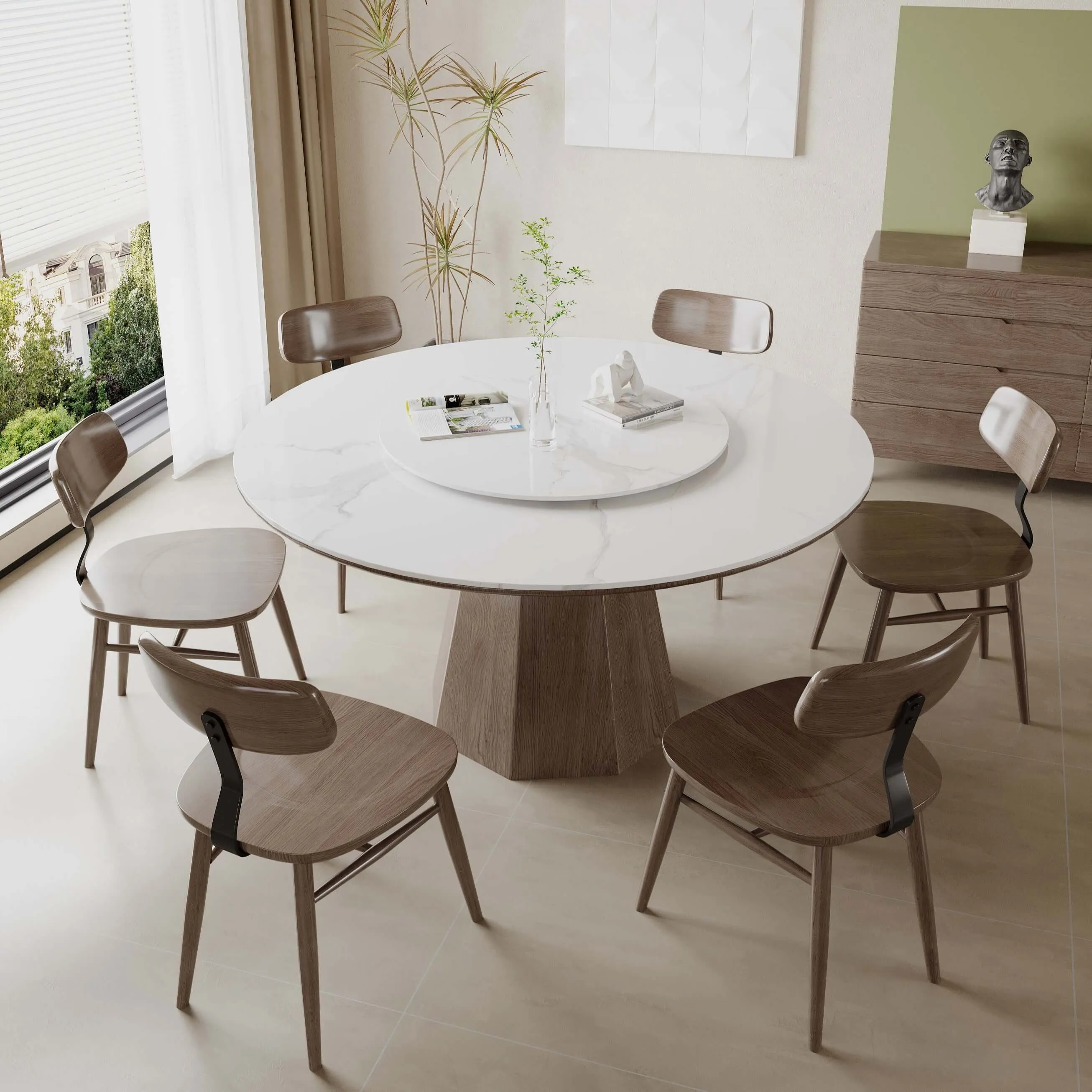 Yezo Ceramic Round Dining Table/Lazy Susan/Solid Timber Base/Glossy Fish-belly White Top