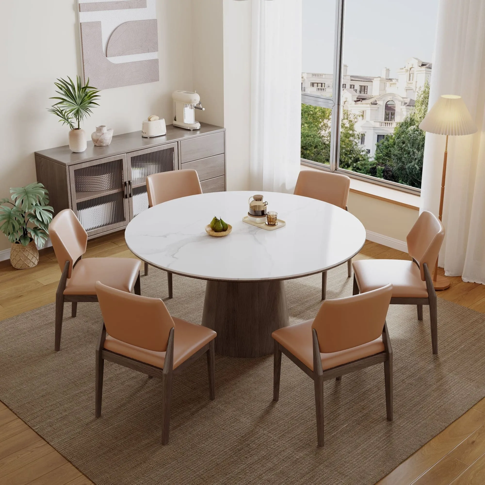 Yodie Ceramic Round Dining Table/Lazy Susan/Solid Timber Base/Glossy Fish-belly White Top