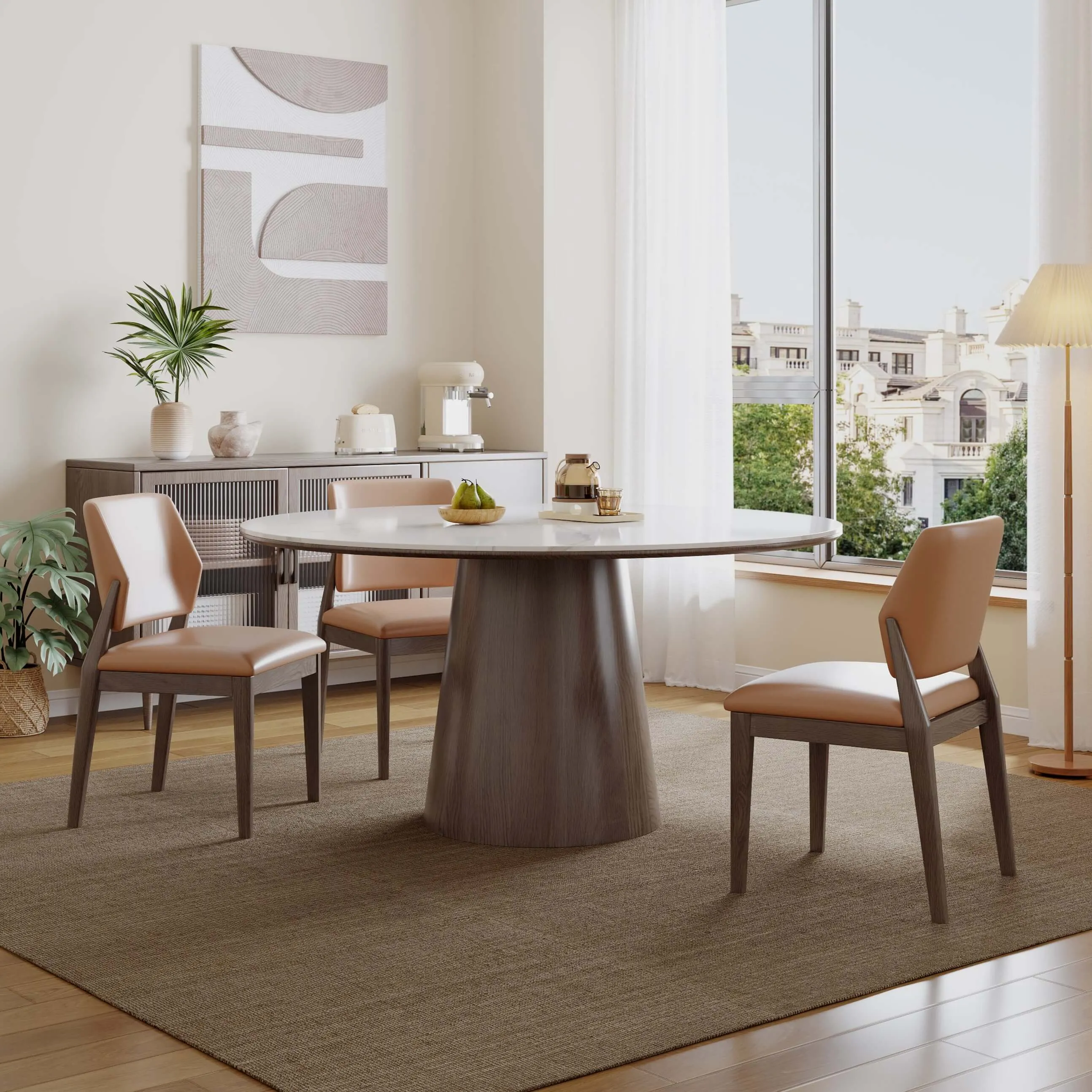Yodie Ceramic Round Dining Table/Lazy Susan/Solid Timber Base/Glossy Fish-belly White Top