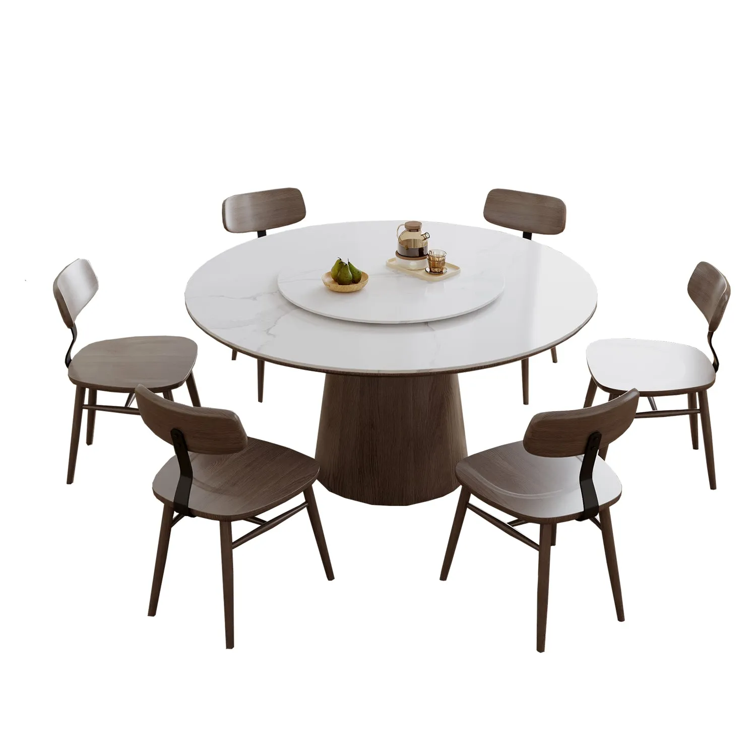Yodie Ceramic Round Dining Table/Lazy Susan/Solid Timber Base/Glossy Fish-belly White Top