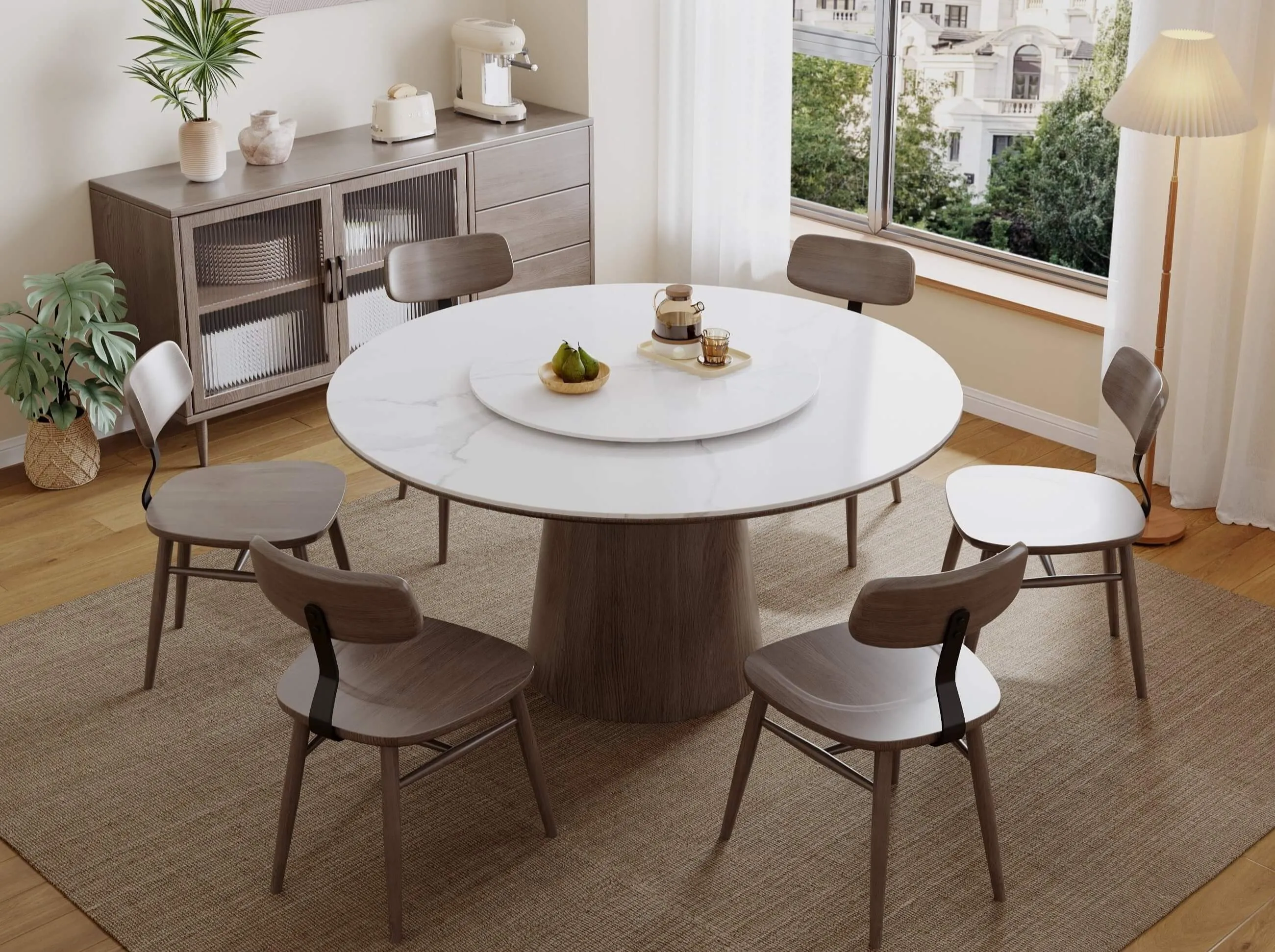 Yodie Ceramic Round Dining Table/Lazy Susan/Solid Timber Base/Glossy Fish-belly White Top