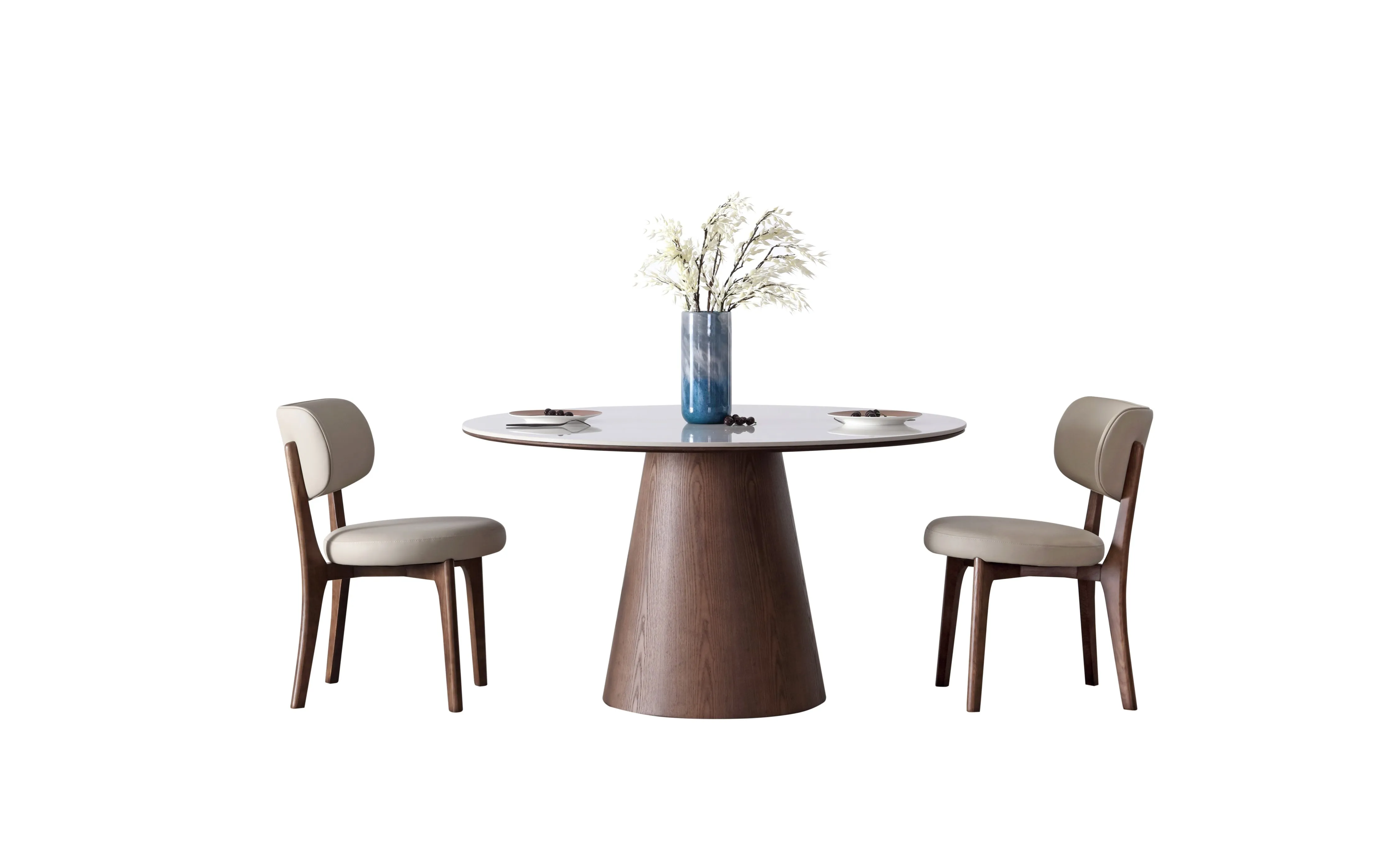 Yodie Ceramic Round Dining Table/Lazy Susan/Solid Timber Base/Glossy Fish-belly White Top